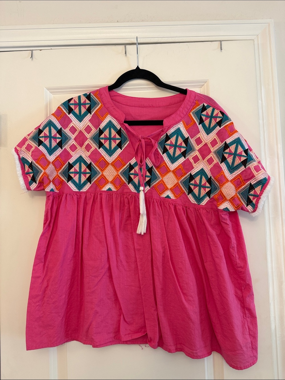 Bright Pink Embroidered Peasant Top